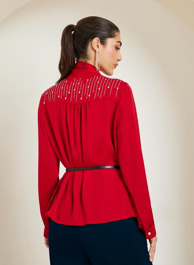 Styli Women Red Tie-Up Neck Buttoned Blouse - Image 3